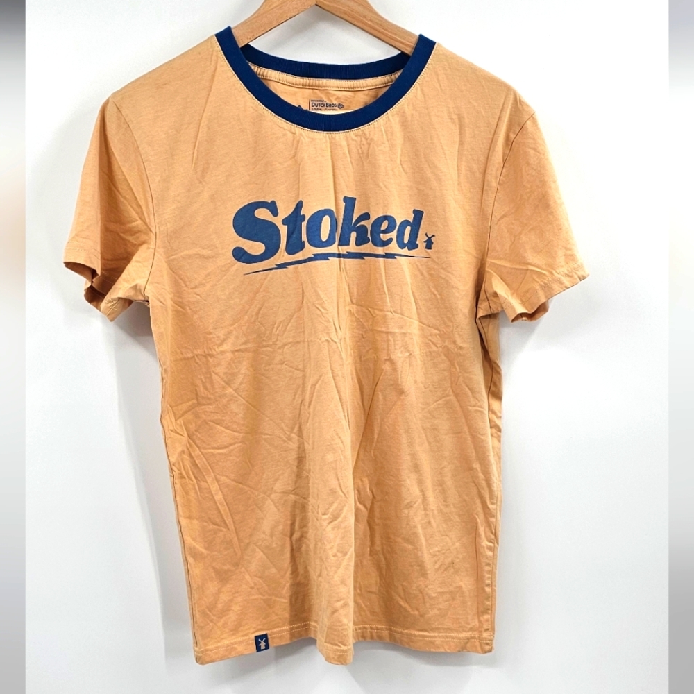 Dutch BROS Coffee Stoked T-Shirt Gold Blue Size Large